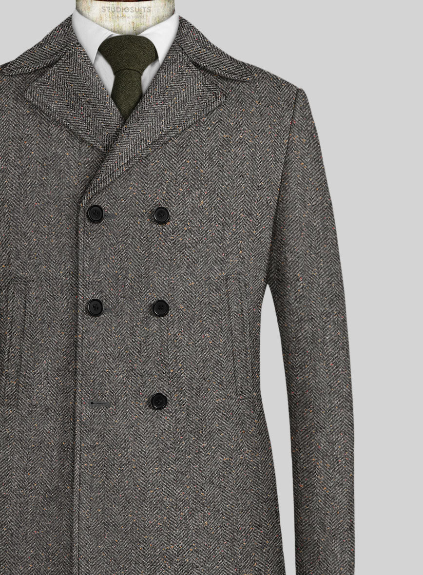 Gray Herringbone Flecks Donegal Tweed Pea Coat - Image 2
