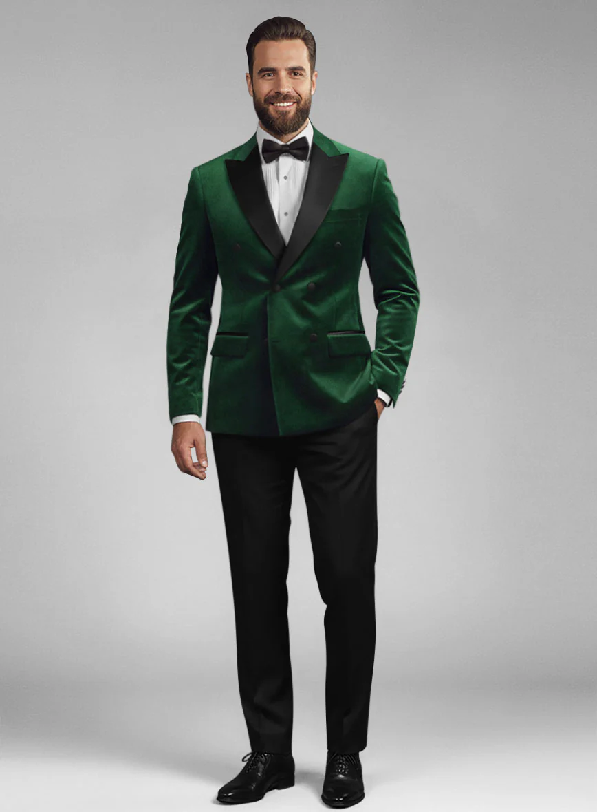 Green Velvet Double Breasted Tuxedo Jacket - Image 3