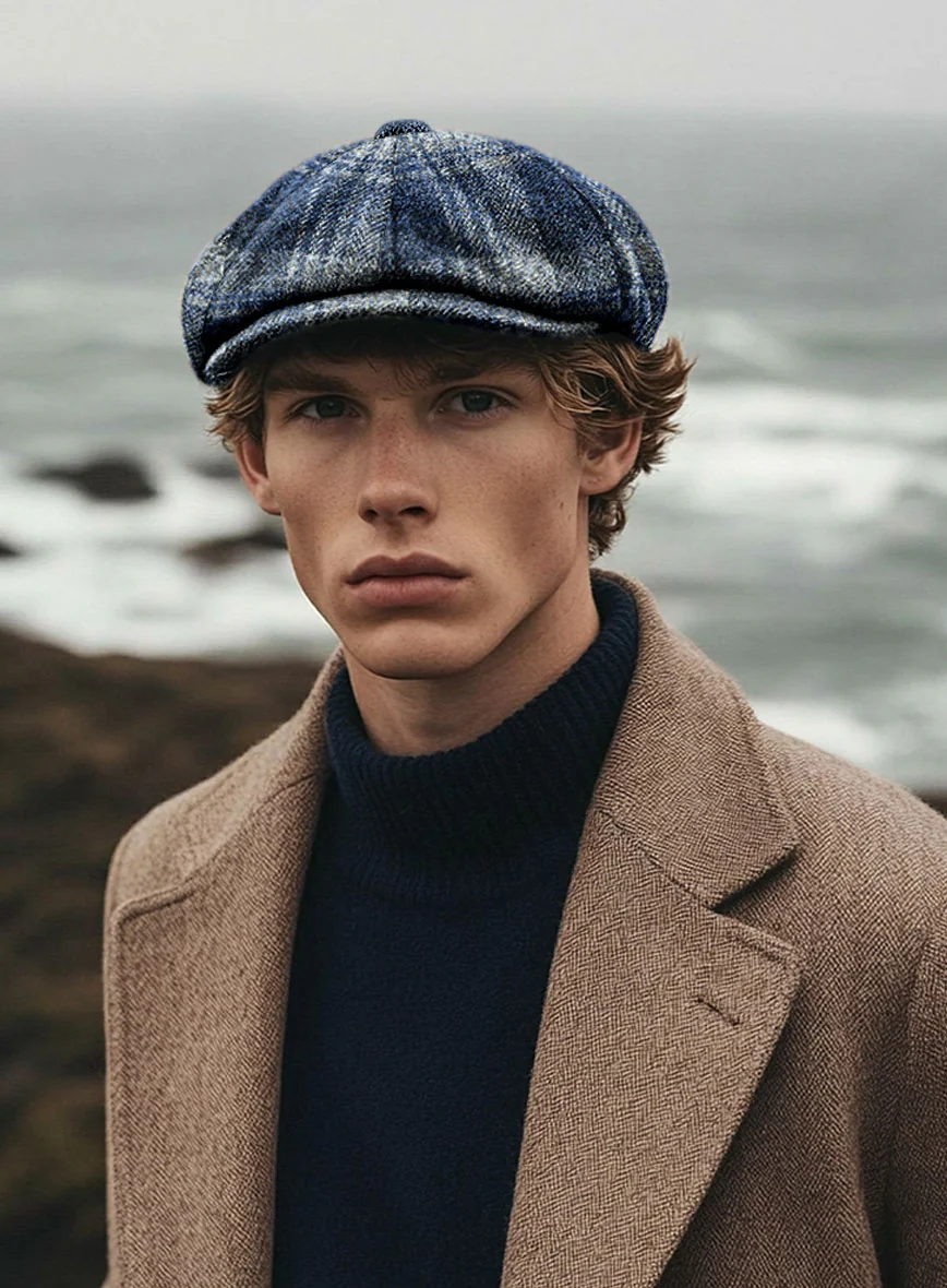 Harris Tweed Blue Tartan Newsboy Cap - Image 2