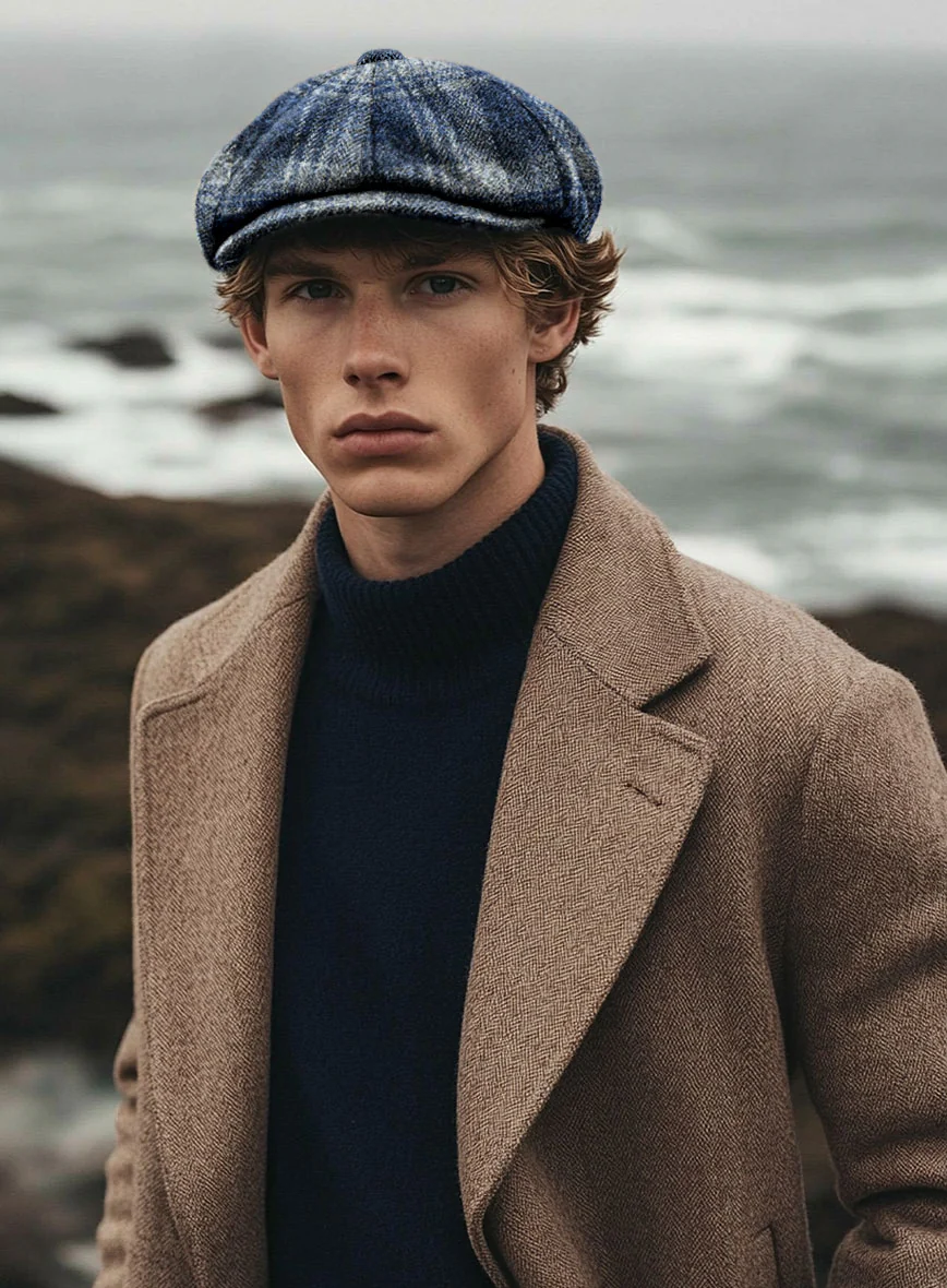 Harris Tweed Blue Tartan Newsboy Cap - Image 5