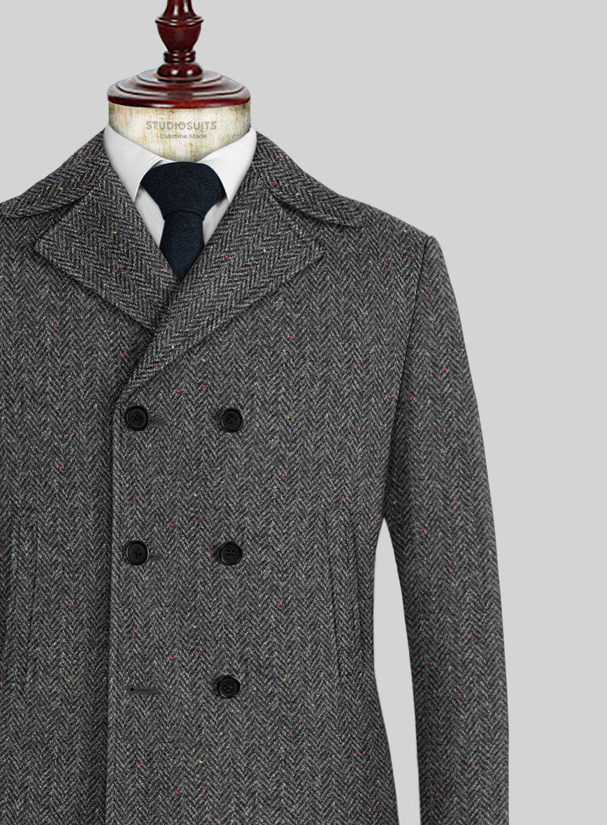 Harris Tweed Charcoal Chevron Pea Coat - Image 2