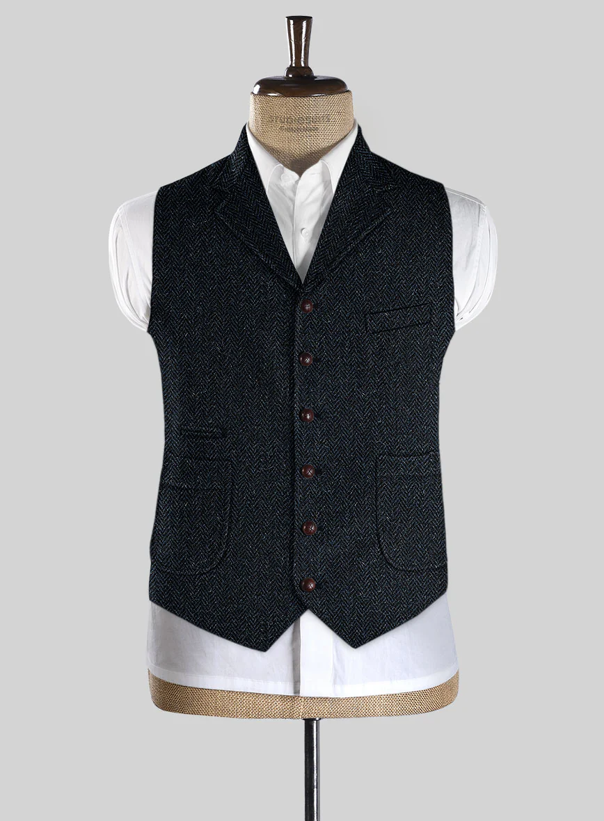 Harris Tweed Dark Blue Herringbone Hunting Vest - Image 2