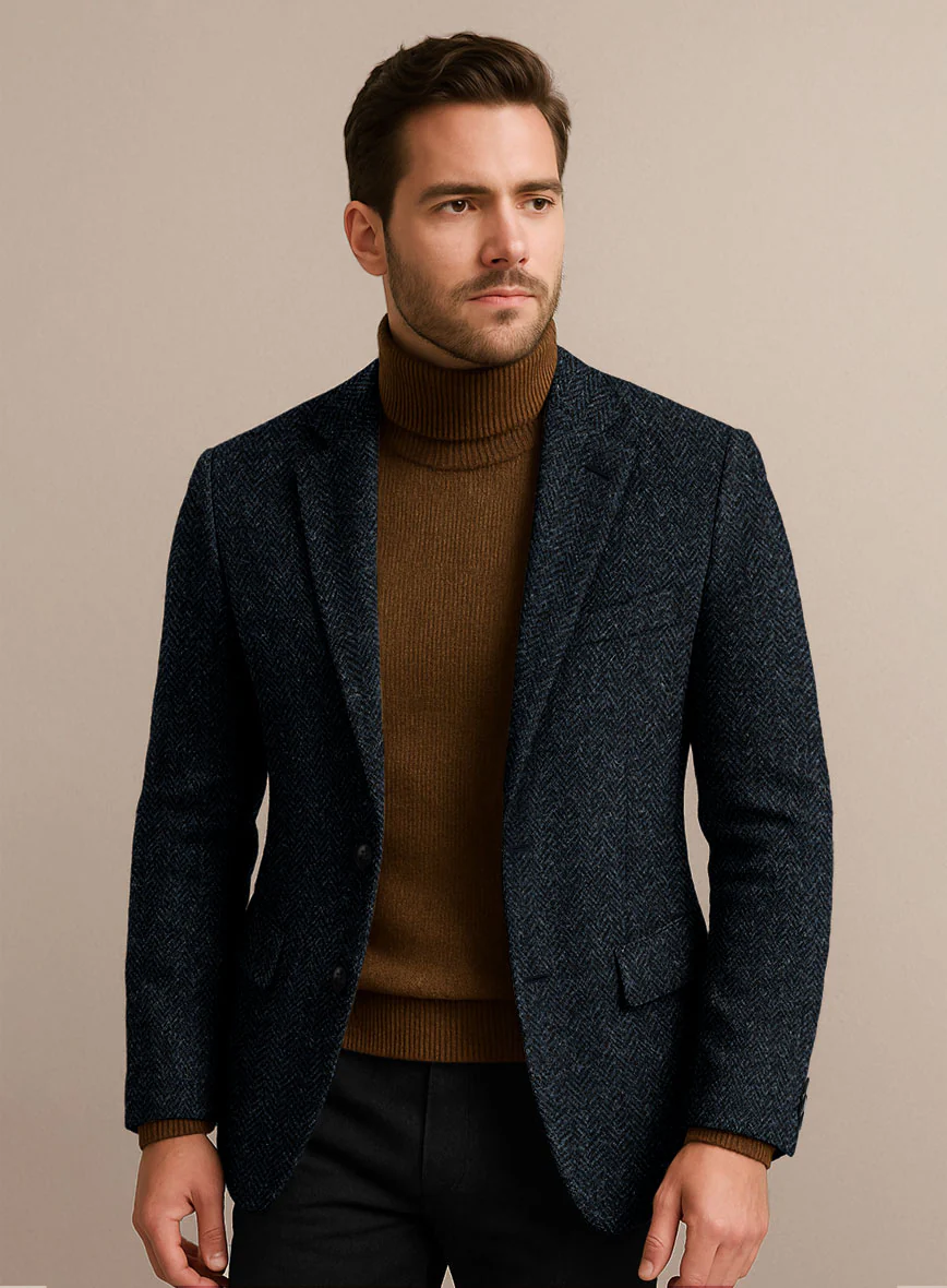 Harris Tweed Dark Blue Herringbone Jacket - Image 2