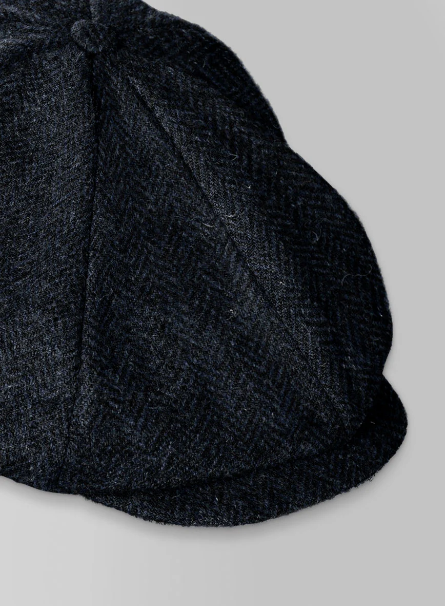Harris Tweed Dark Blue Herringbone Newsboy Cap - Image 4
