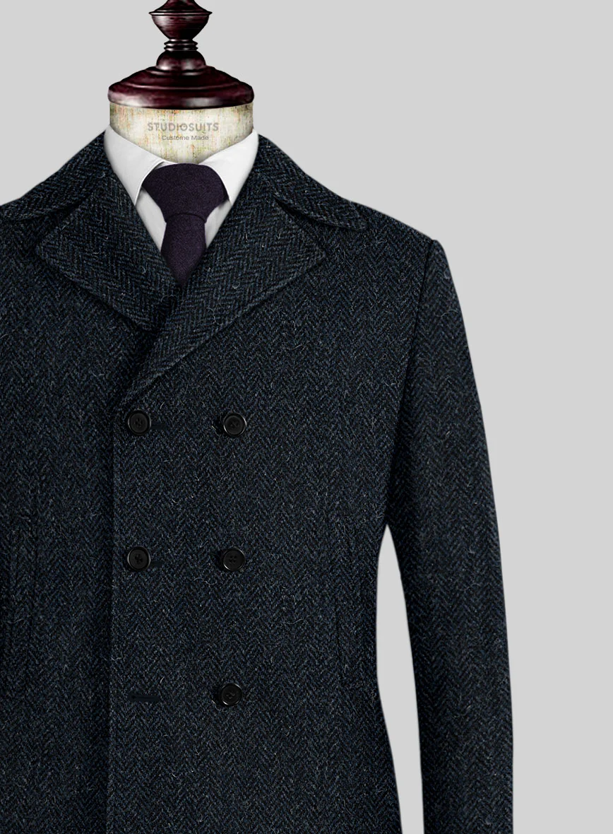 Harris Tweed Dark Blue Herringbone Pea Coat - Image 2