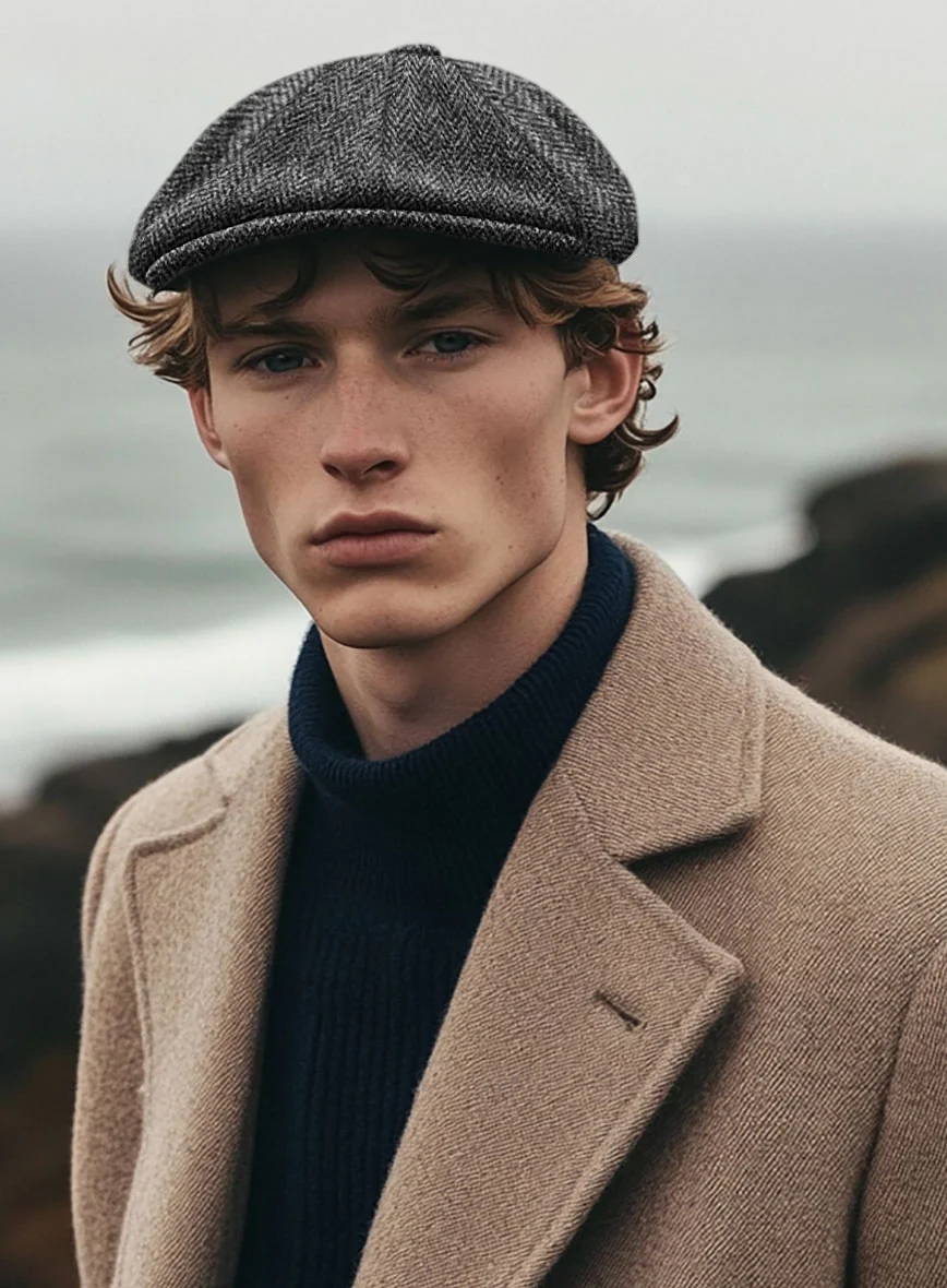 Harris Tweed Dark Gray Herringbone Newsboy Cap - Image 2