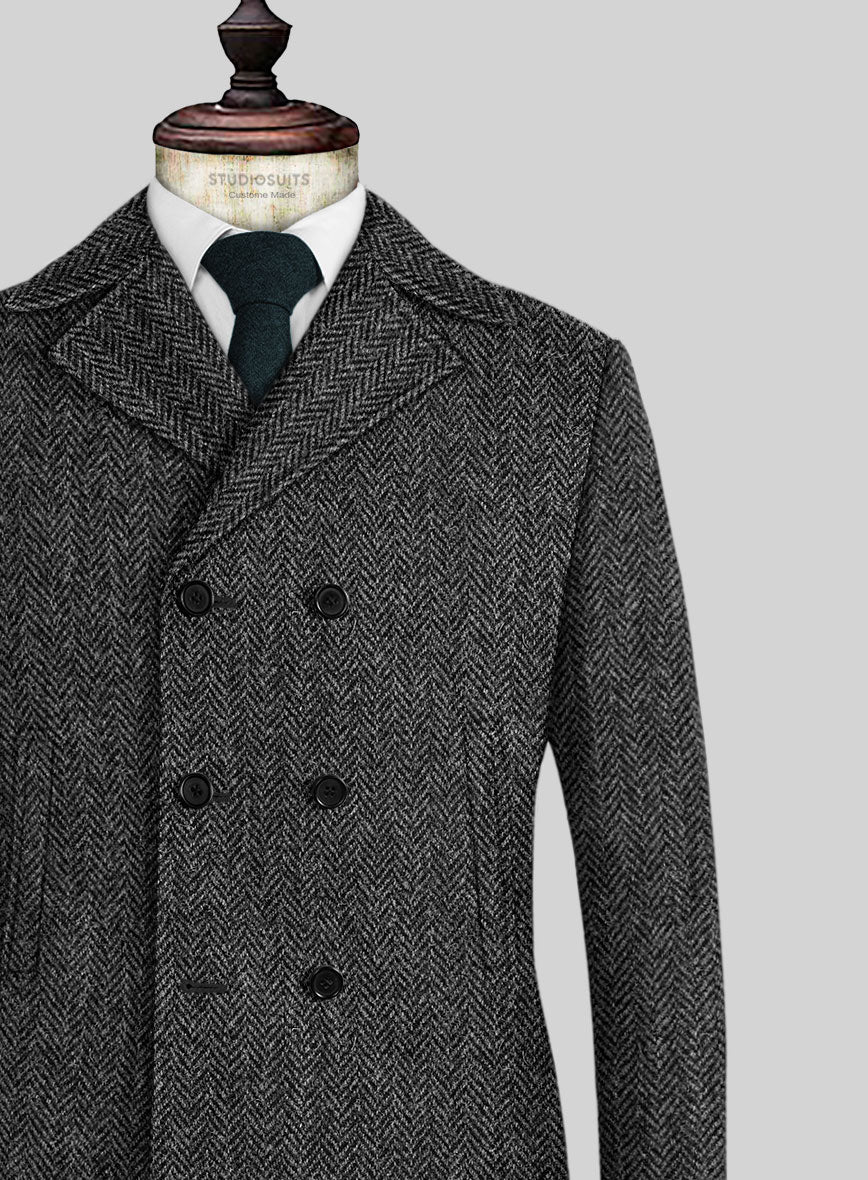 Harris Tweed Dark Gray Herringbone Pea Coat - Image 2