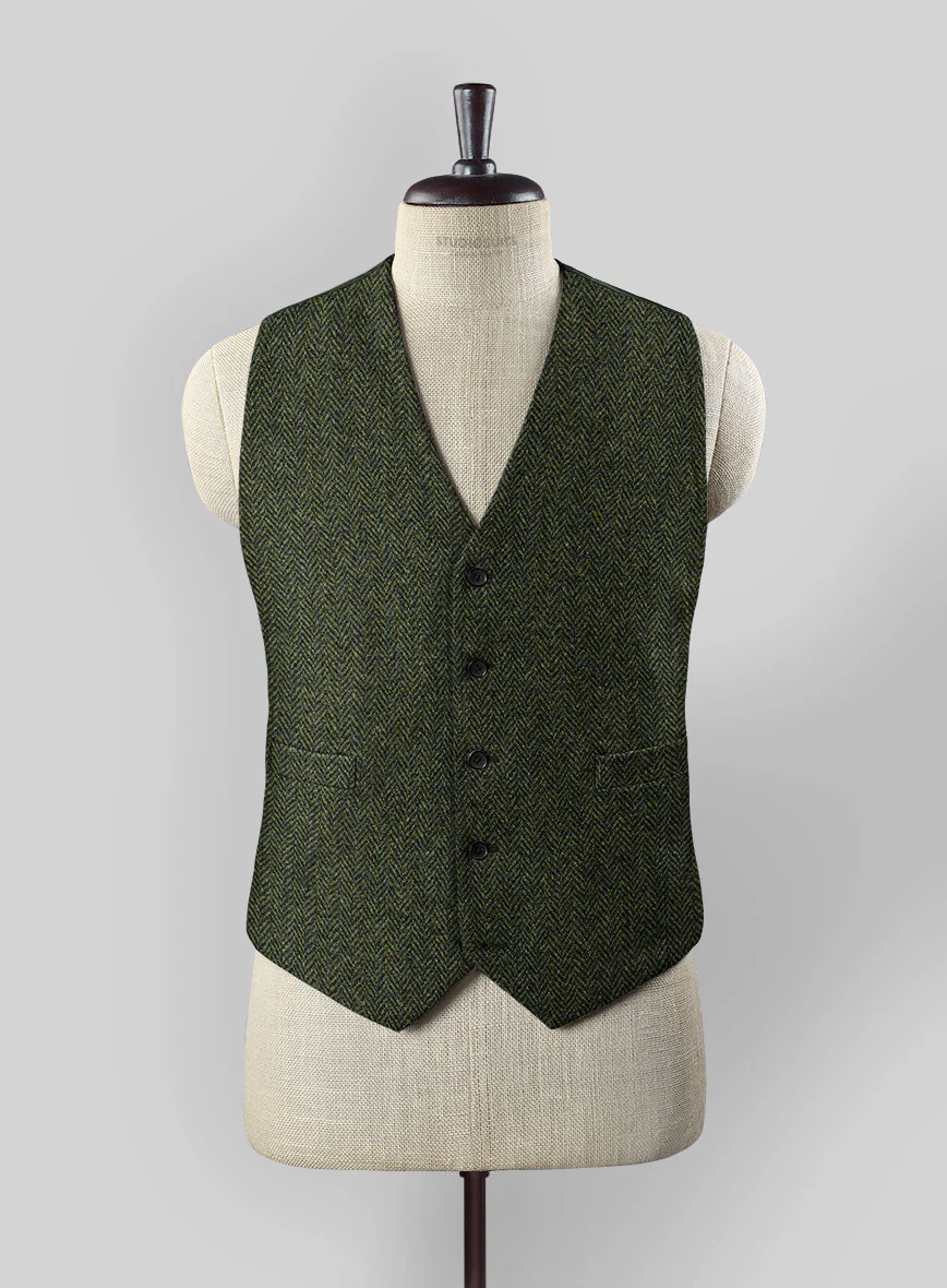 Harris Tweed Forest Green Herringbone Waist Coat - Image 2