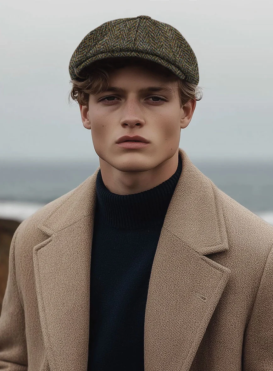 Harris Tweed Ridge Brown Herringbone Newsboy Cap - Image 2