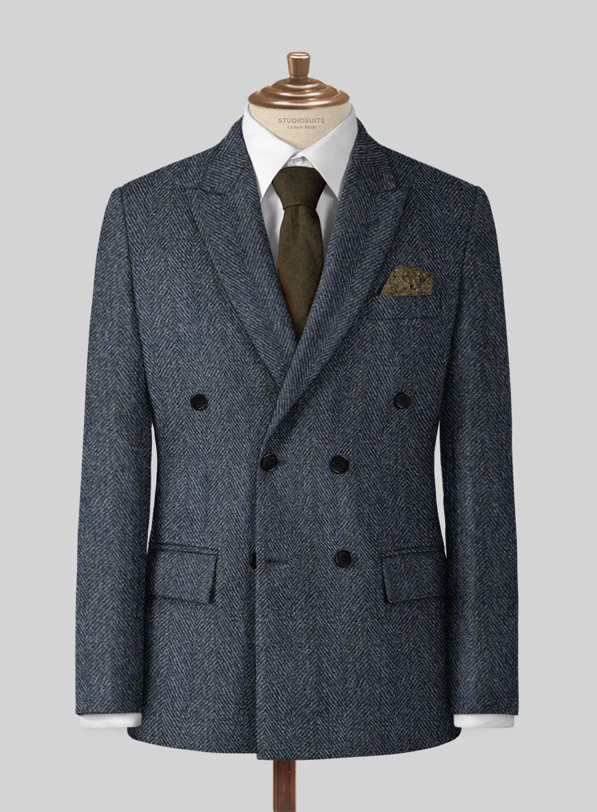 Harris Tweed Wide Herringbone Blue Double Breasted Suit - Image 2