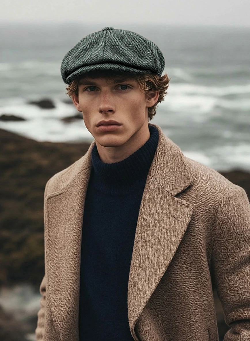 Harris Tweed Wide Herringbone Green Newsboy Cap - Image 2