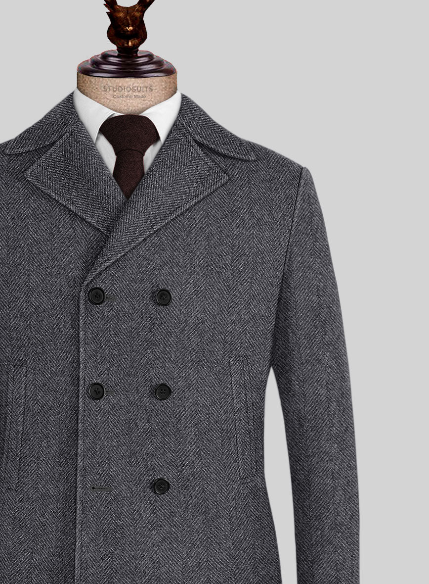 Highlander Heavy Charcoal Herringbone Tweed Pea Coat - Image 2