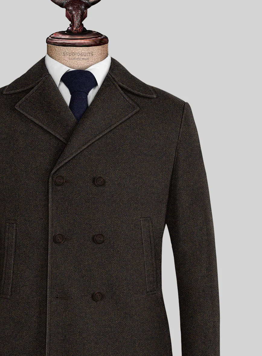 Highlander Heavy Dark Brown Herringbone Tweed Pea Coat - Image 2