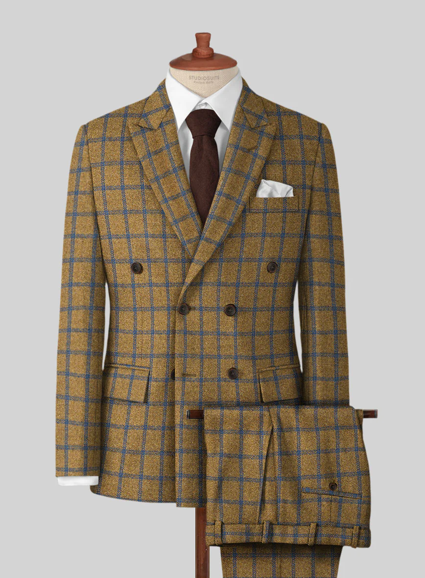 Highlander Heavy Mustard Check Tweed Double Breasted Suit