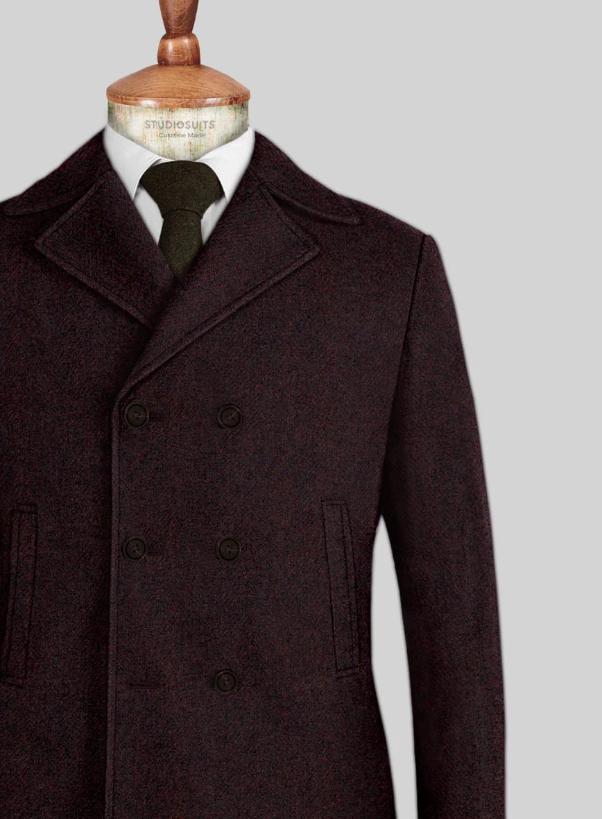 Highlander Heavy Wine Herringbone Tweed Pea Coat - Image 2
