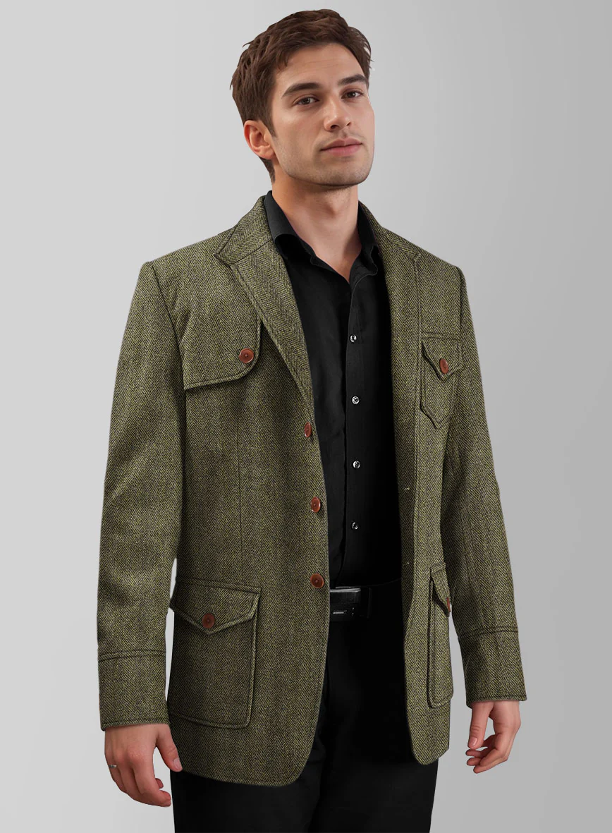 Highlander Olive Herringbone Hunter Style Tweed Jacket - Image 2