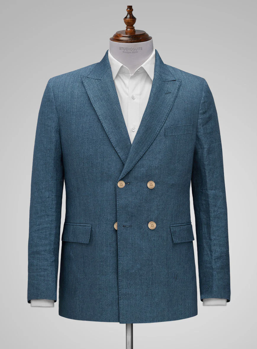 Indigo Blue Linen Double Breasted Suit - Golden Buttons - Image 3