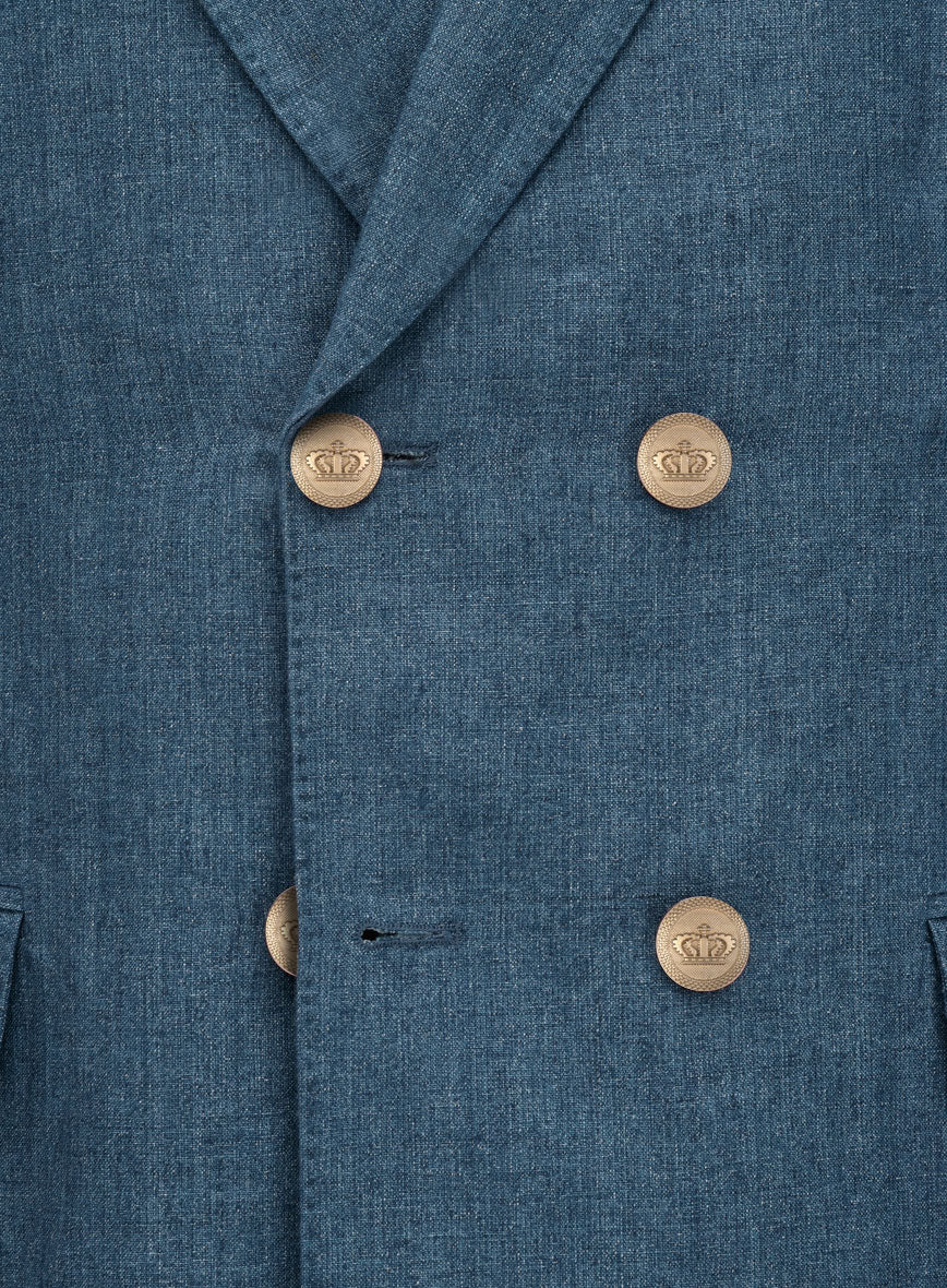 Indigo Blue Linen Double Breasted Suit - Golden Buttons - Image 5