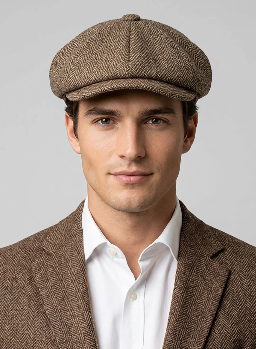 Irish Brown Herringbone Tweed Newsboy Cap - Image 2