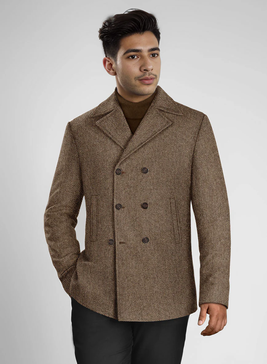 Irish Brown Herringbone Tweed Pea Coat - Image 3