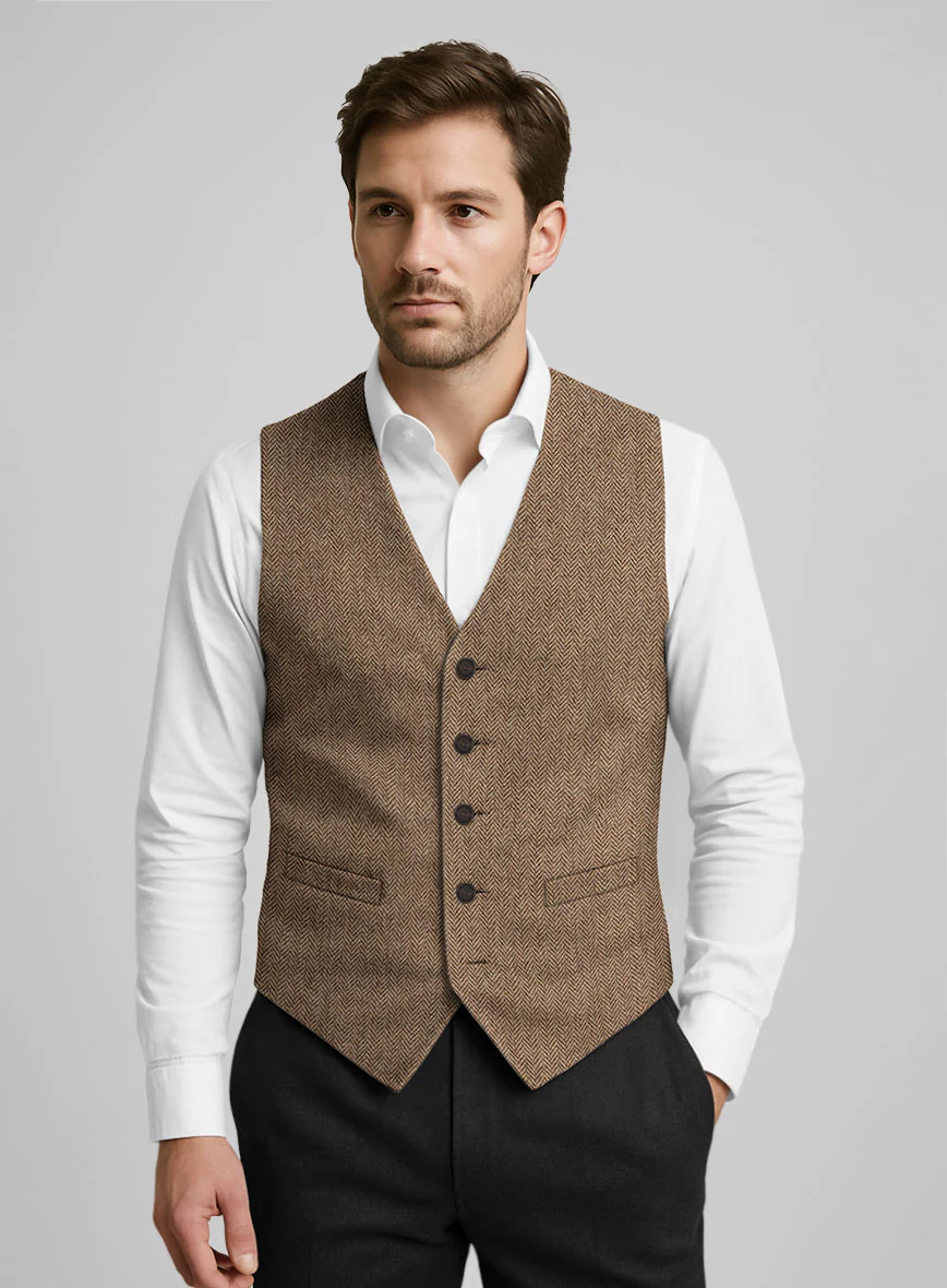 Irish Brown Herringbone Tweed Waist Coat - Image 2