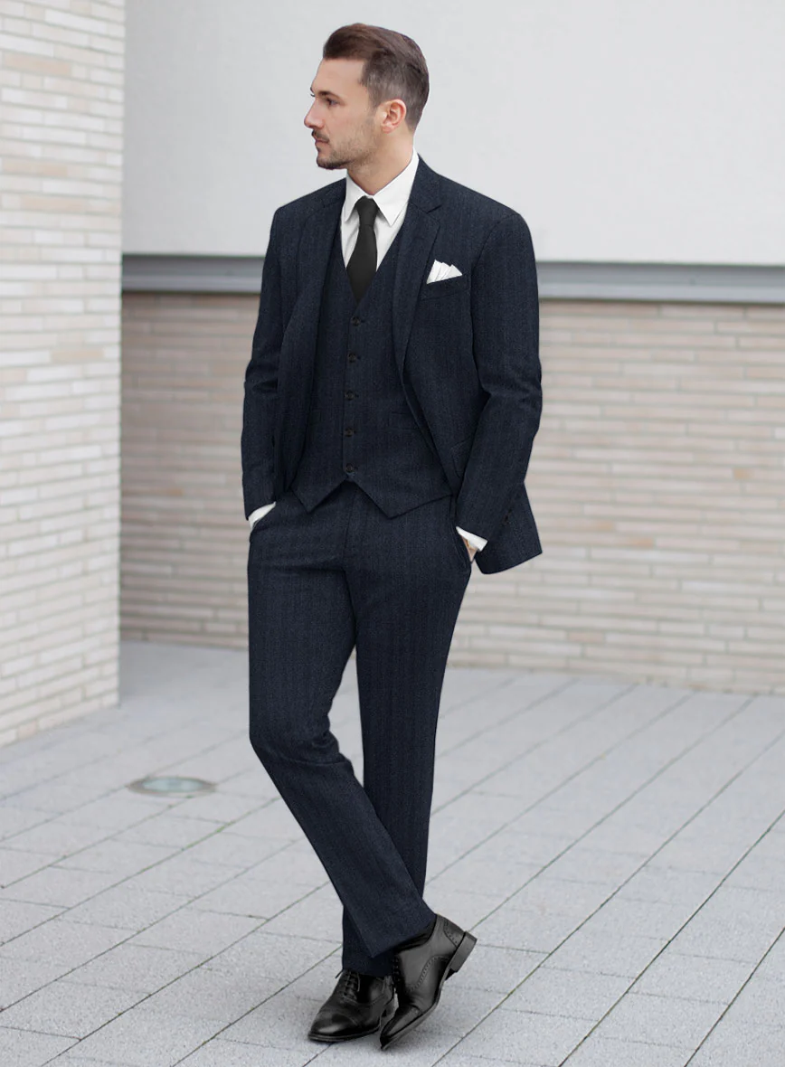 Italian Dark Blue Herringbone Flannel Suit - Image 2