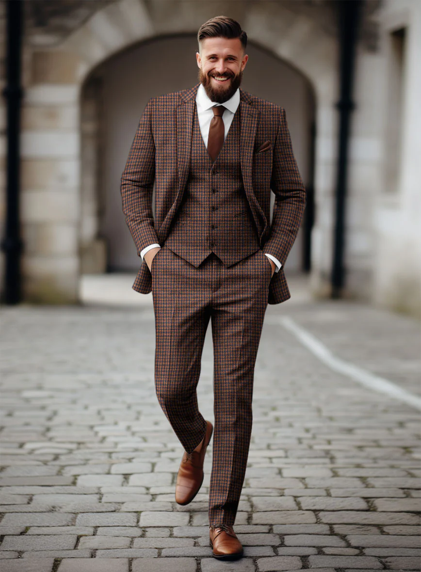 Italian Dark Brown Houndstooth Tweed Suit - Image 2