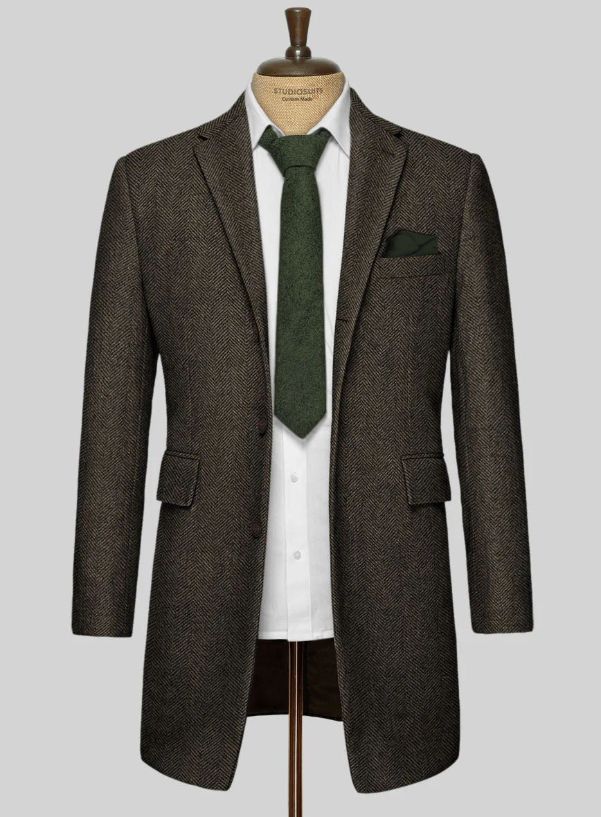 Italian Highlander Army Green Herringbone Tweed Overcoat - Image 2