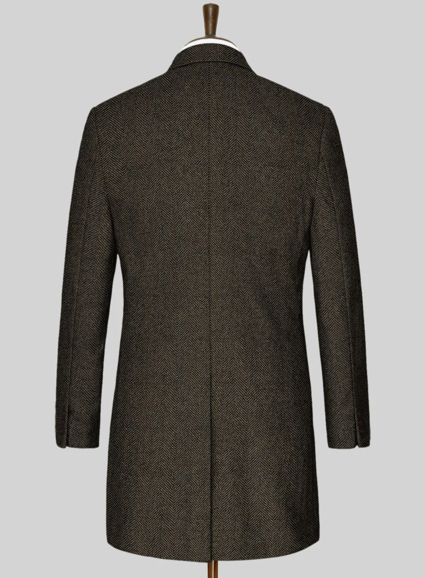 Italian Highlander Army Green Herringbone Tweed Overcoat - Image 3