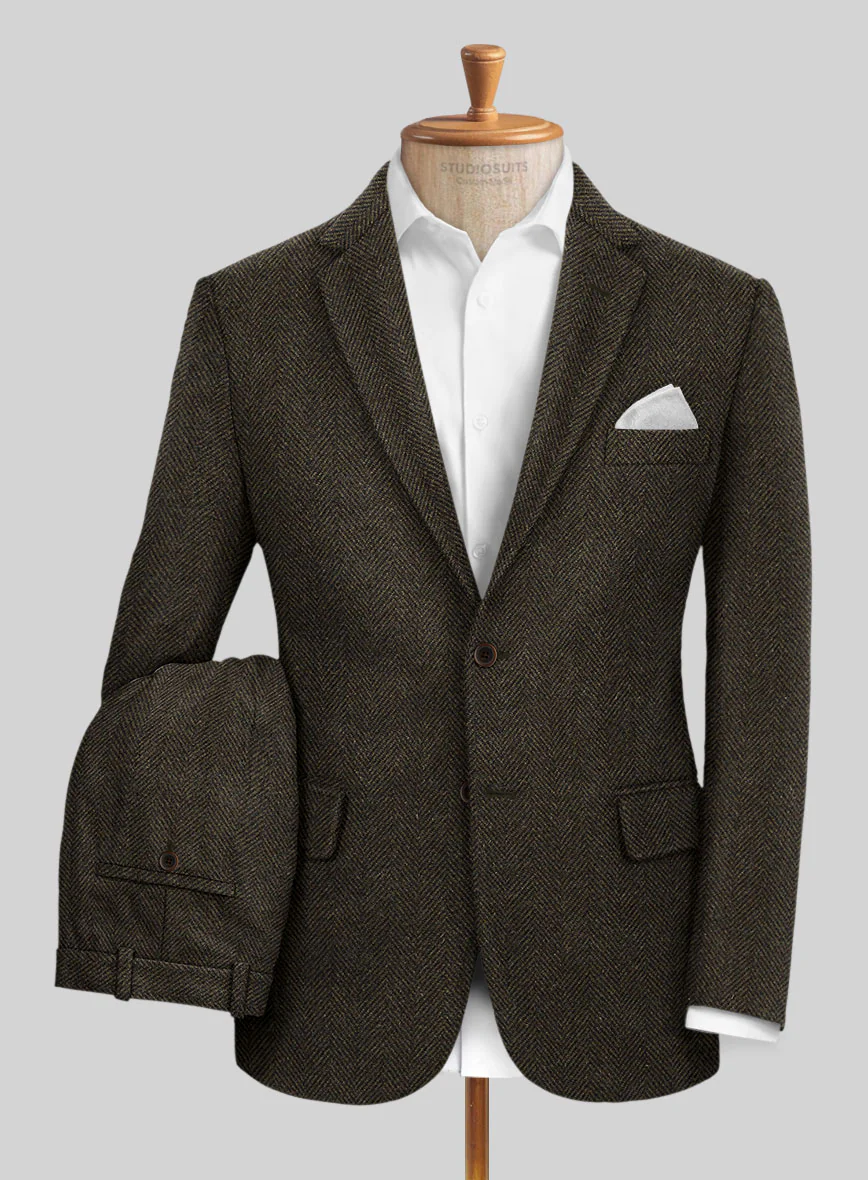 Italian Highlander Army Green Herringbone Tweed Suit - Image 2