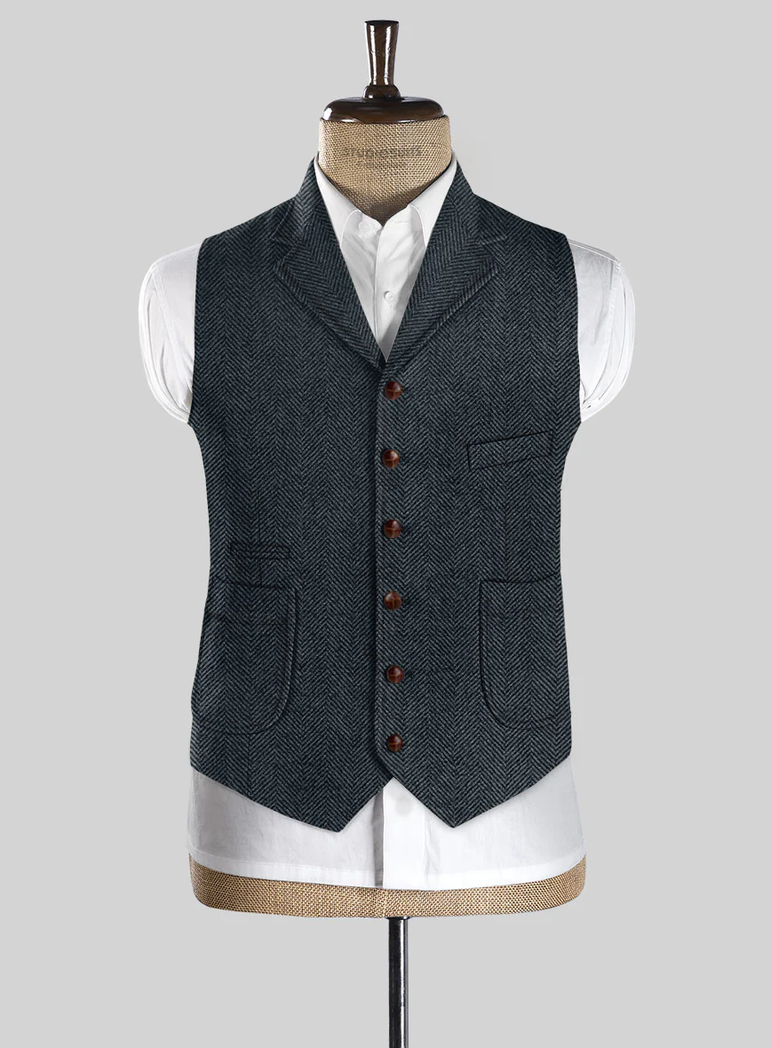 Italian Highlander Blue Herringbone Tweed Hunting Vest - Image 2