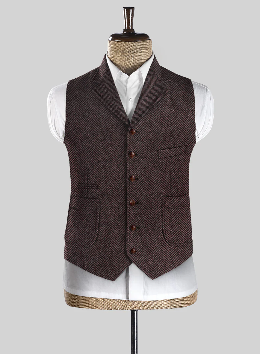 Italian Highlander Dark Wine Herringbone Tweed Hunting Vest - Image 2