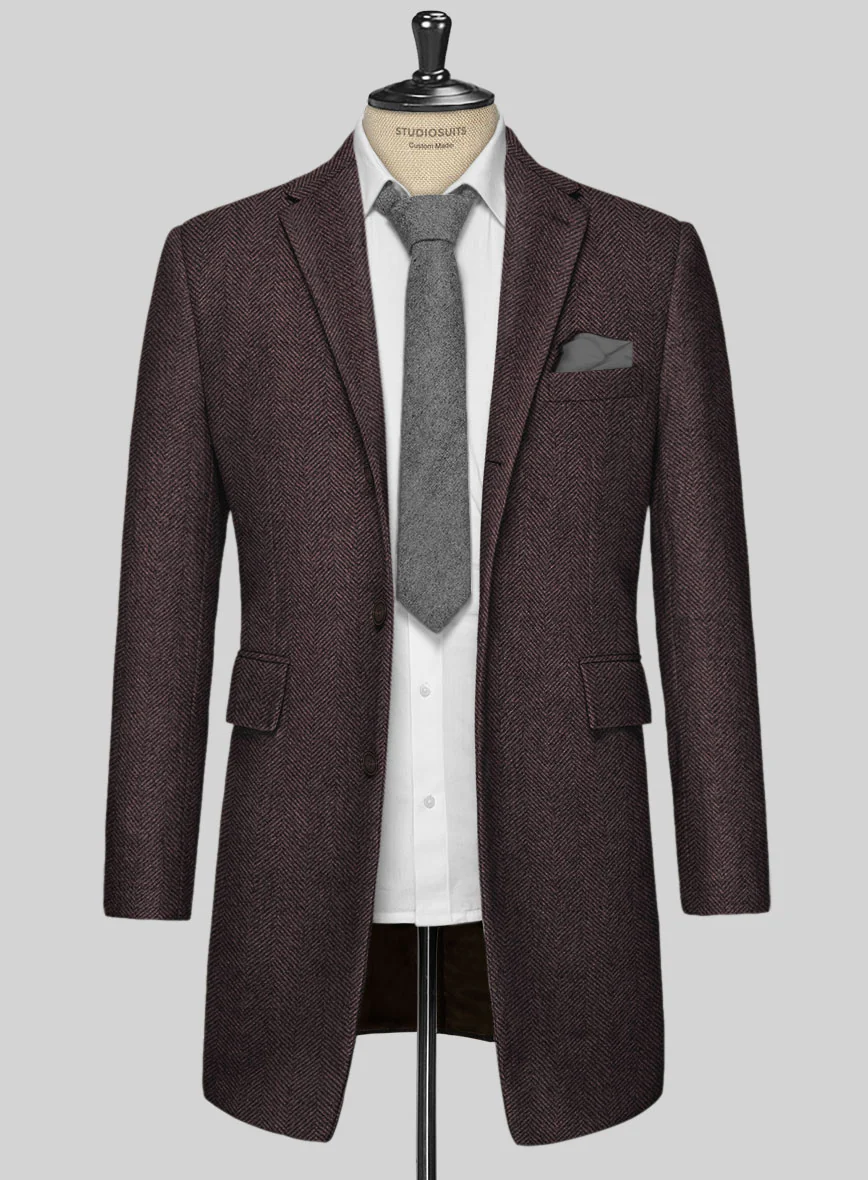 Italian Highlander Dark Wine Herringbone Tweed Overcoat - Image 2