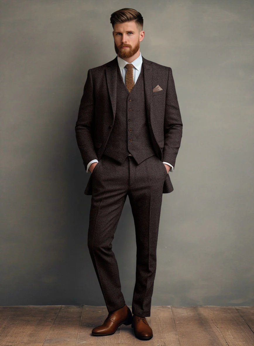 Italian Highlander Dark Wine Herringbone Tweed Suit - Image 2