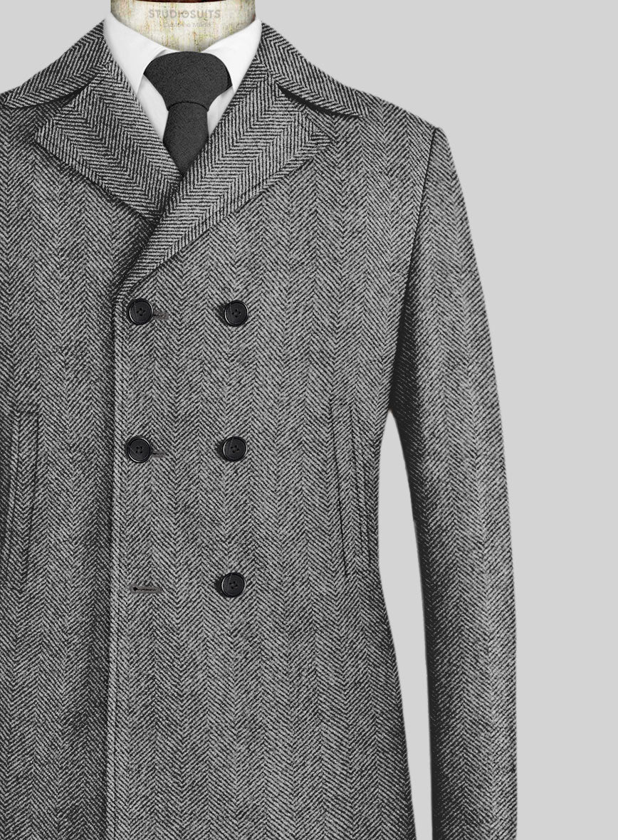 Italian Highlander Gray Herringbone Tweed Pea Coat - Image 2