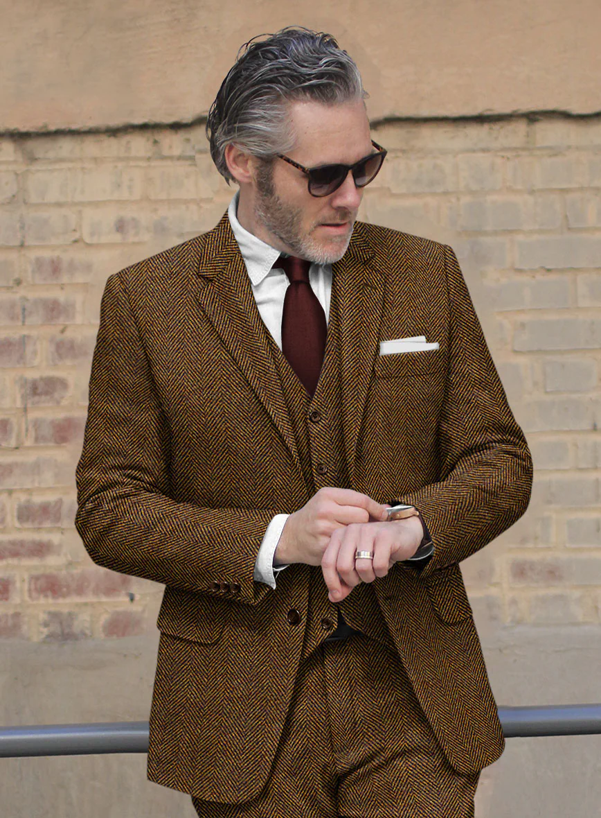 Italian Highlander Mustard Herringbone Tweed Suit - Image 5