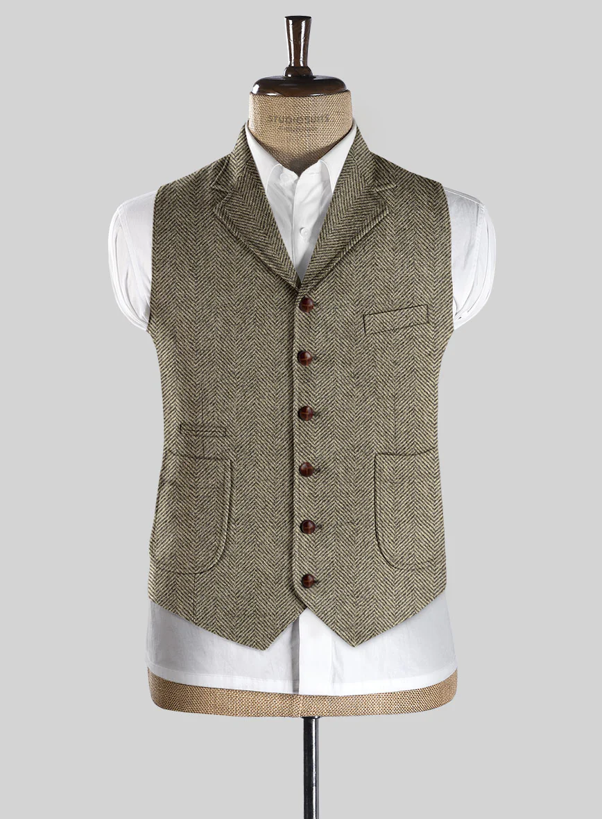 Italian Highlander Stone Beige Herringbone Tweed Hunting Vest - Image 2