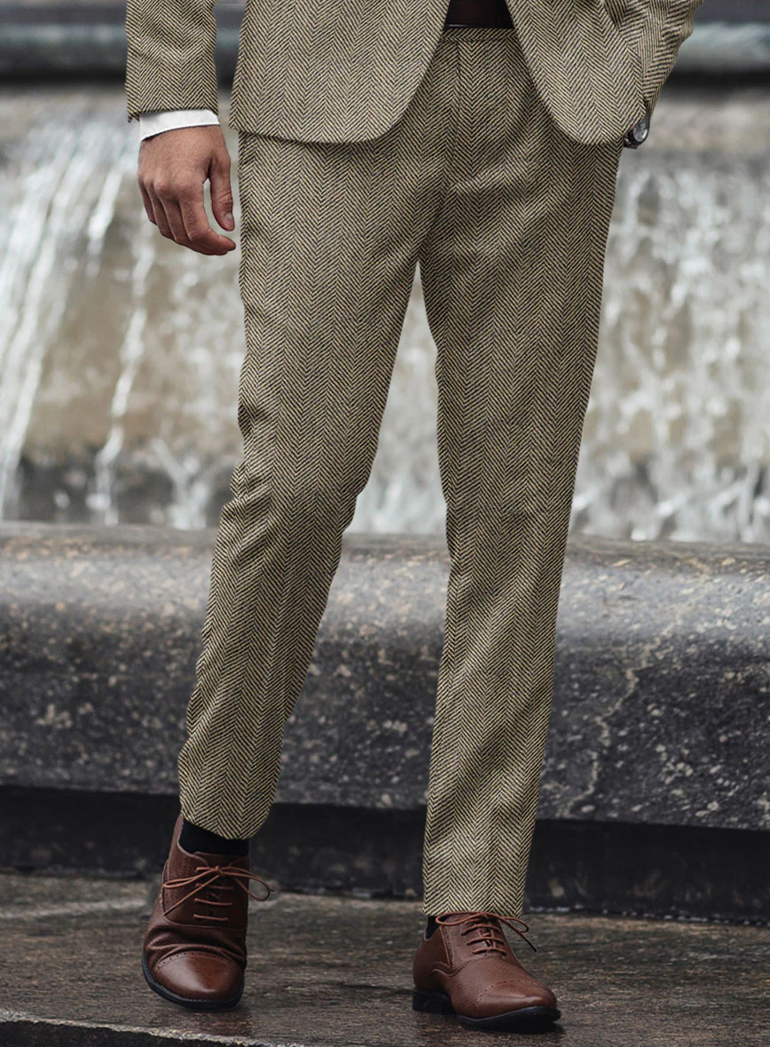 Italian Highlander Stone Beige Herringbone Tweed Pants - Image 2