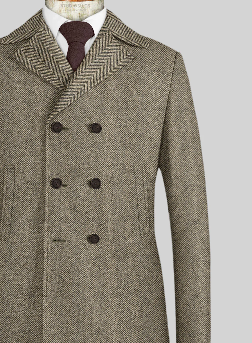 Italian Highlander Stone Beige Herringbone Tweed Pea Coat - Image 2