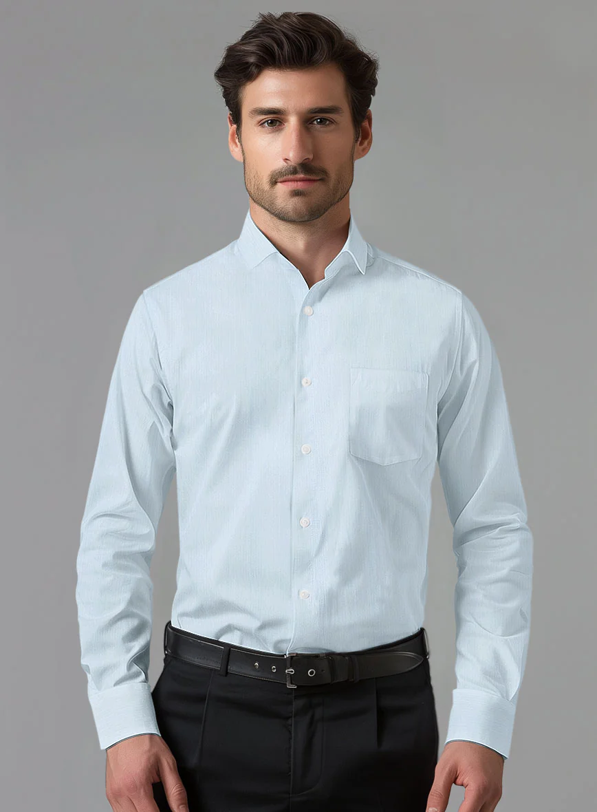 Italian Light Blue Slim Herringbone Shirt - Image 3