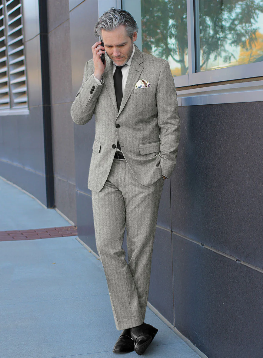 Italian Light Gray Herringbone Flannel Suit - Image 2