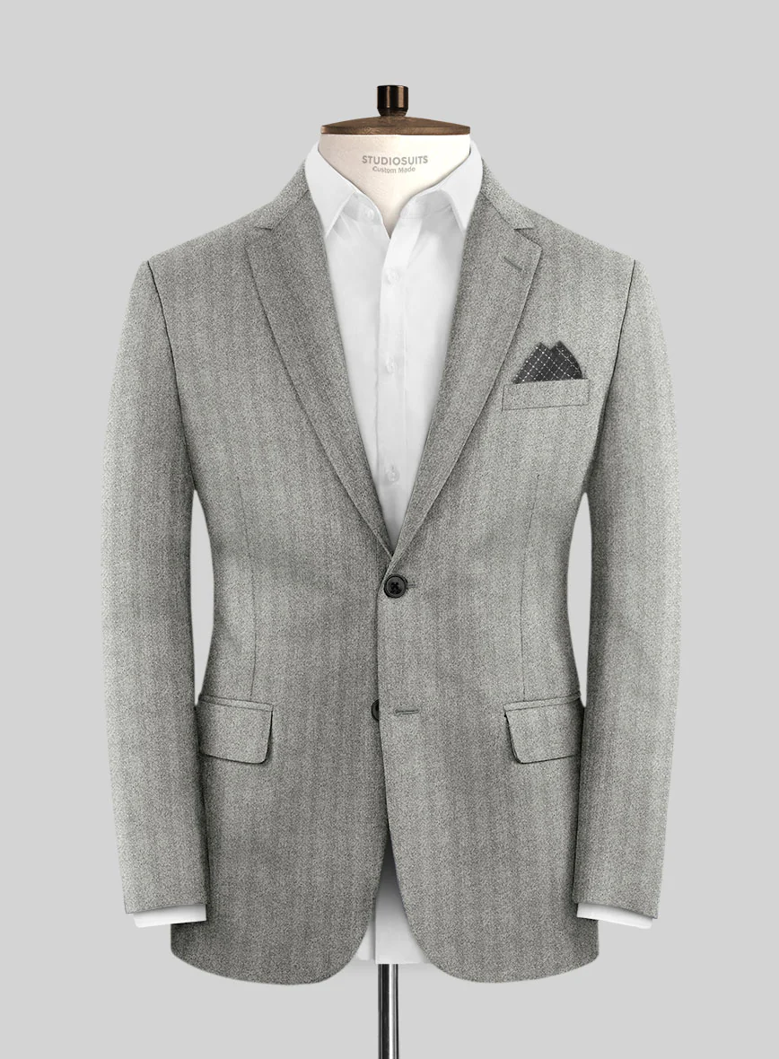 Italian Light Gray Herringbone Flannel Suit - Image 3