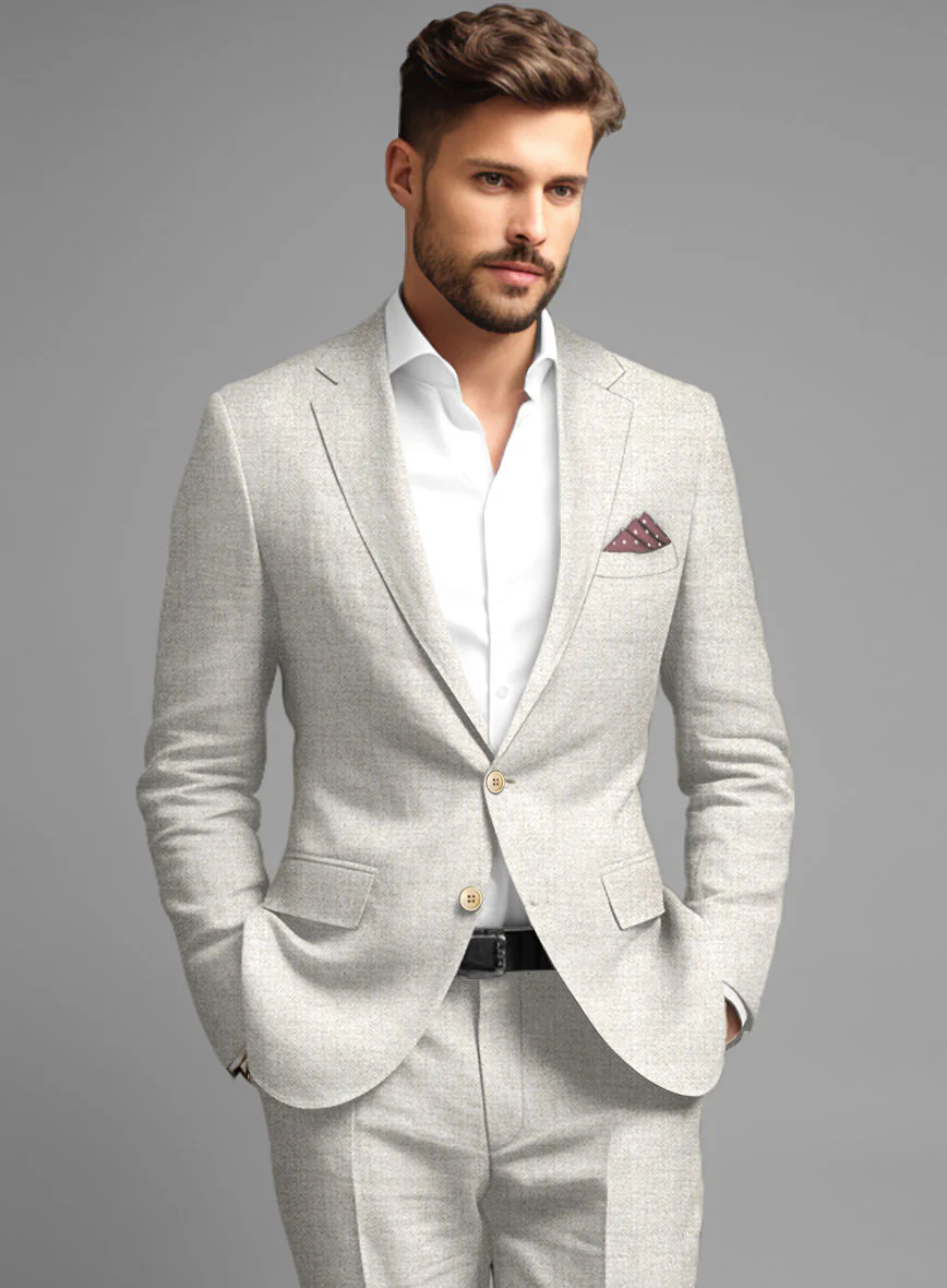 Italian Linen Herringbone Natural Beige Jacket - Image 3