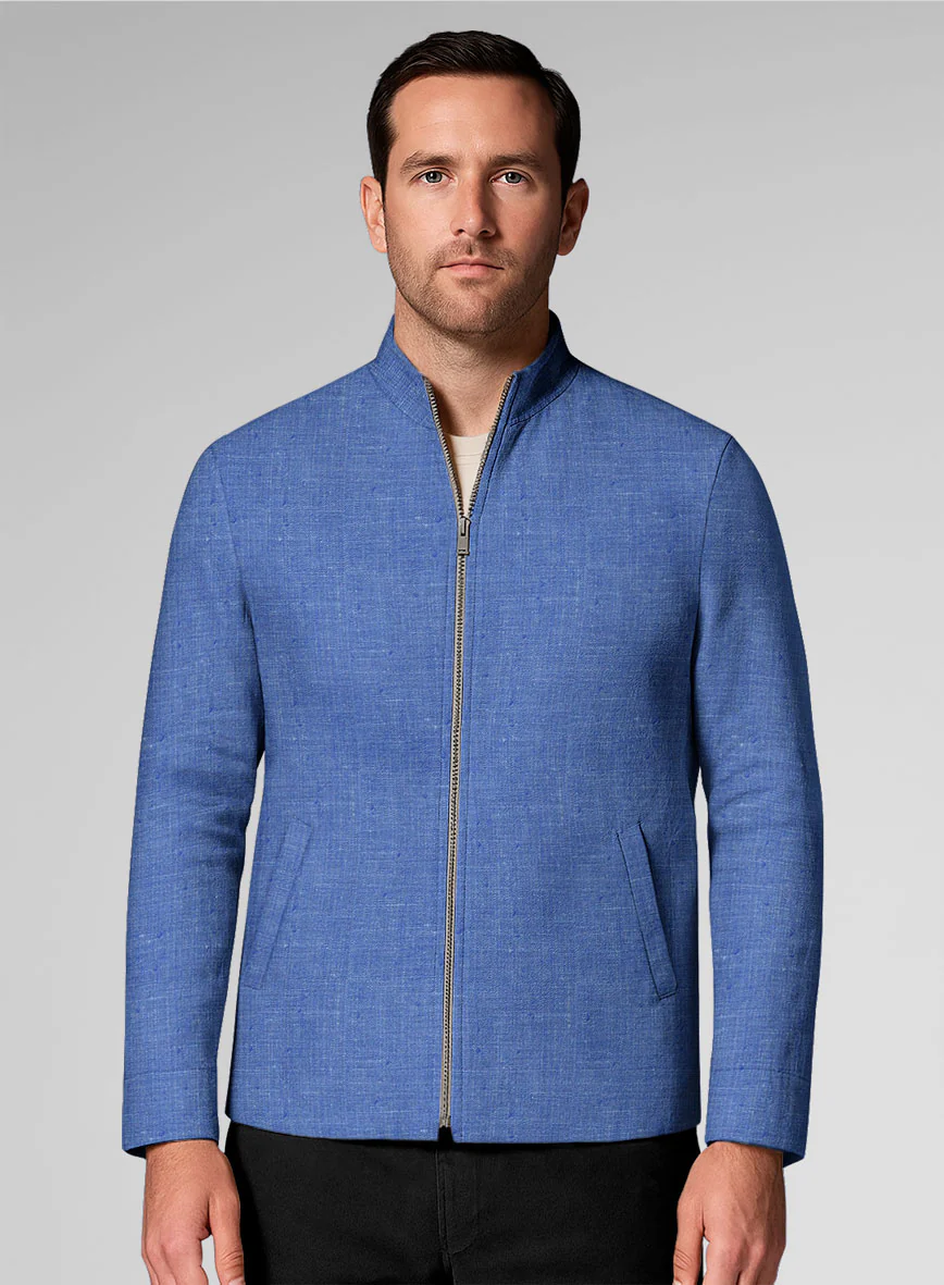 Italian Linen Smoked Blue Zipper Jacket - Image 2