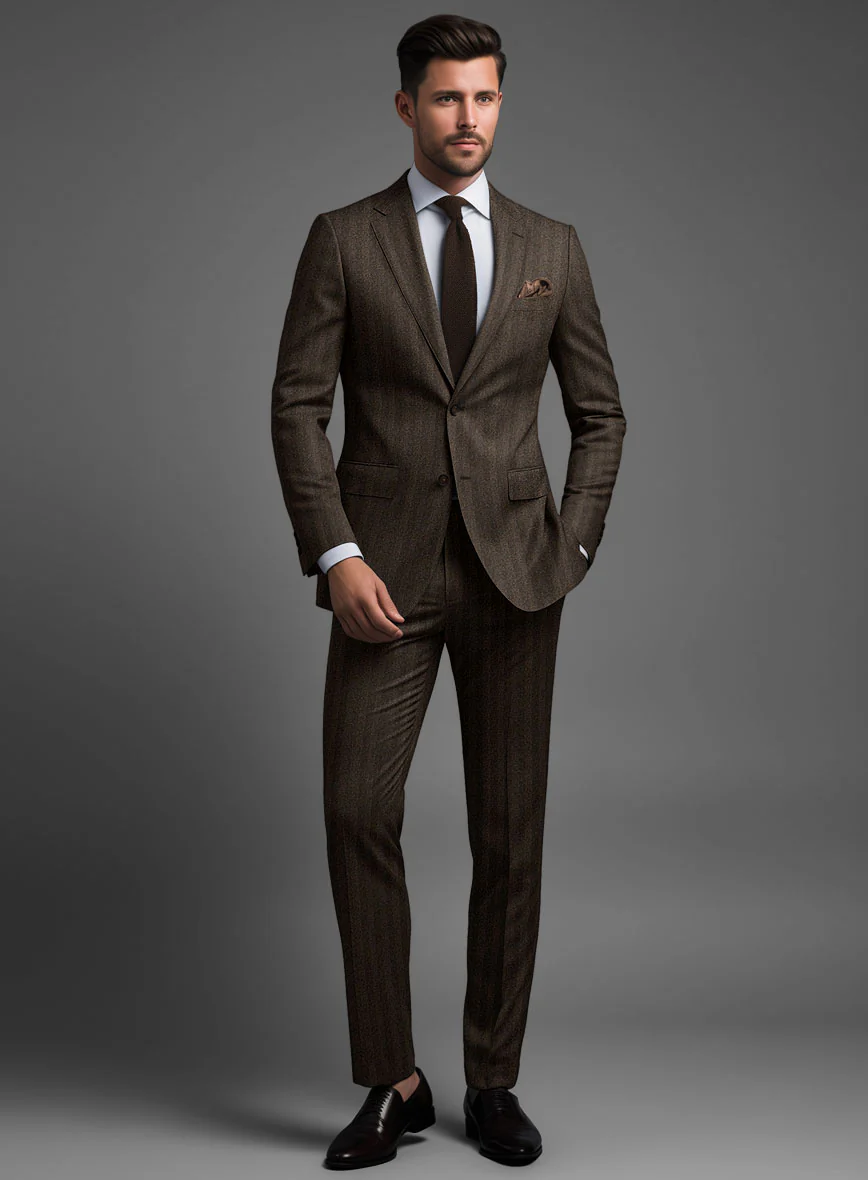 Italian Melange Brown Herringbone Flannel Suit - Image 2
