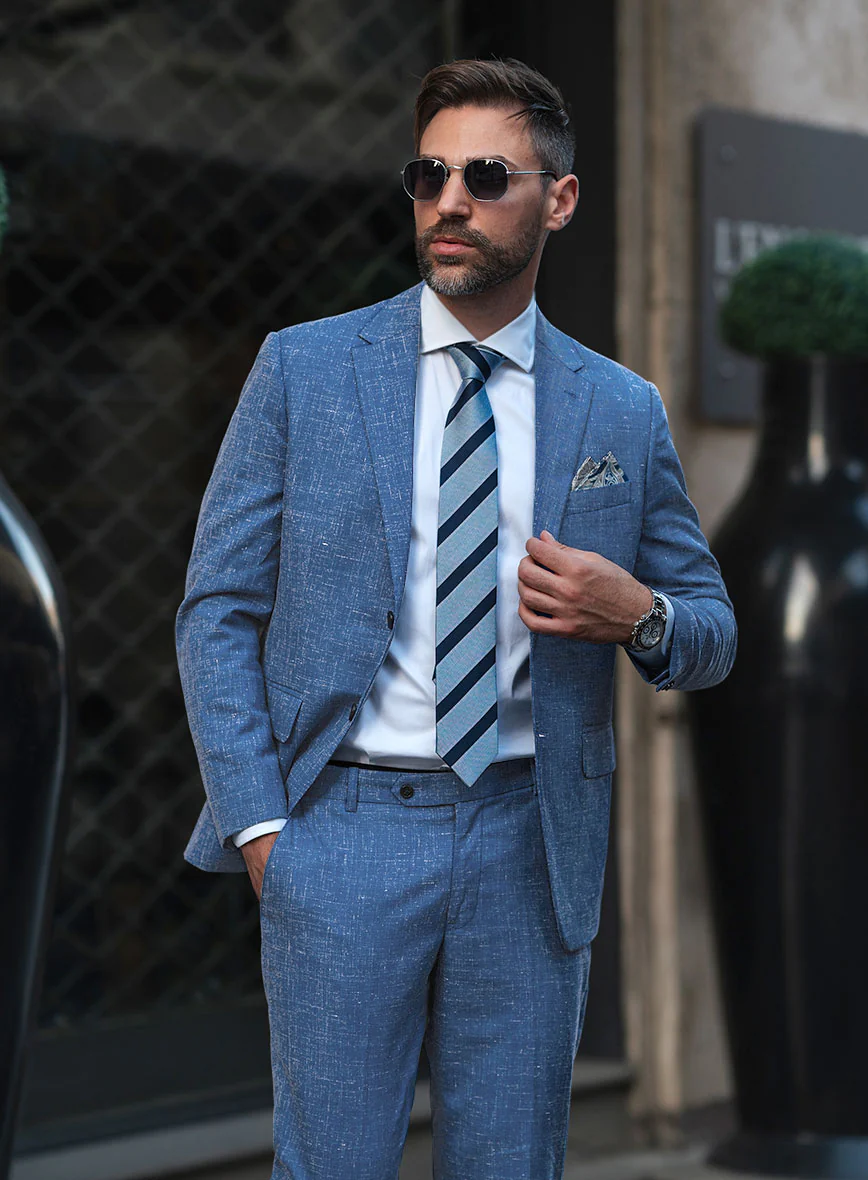 Italian Murano Portland Blue Wool Linen Suit - Image 3