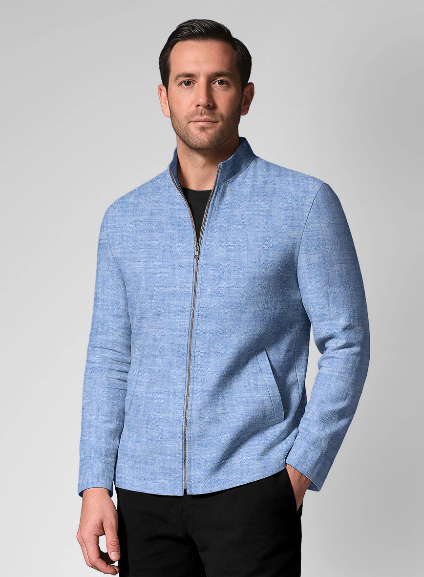 Italian Nile Blue Linen Zipper Jacket - Image 2