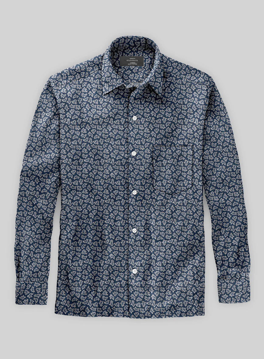 Italian Paisley Dark Blue Summer Linen Shirt - Image 2