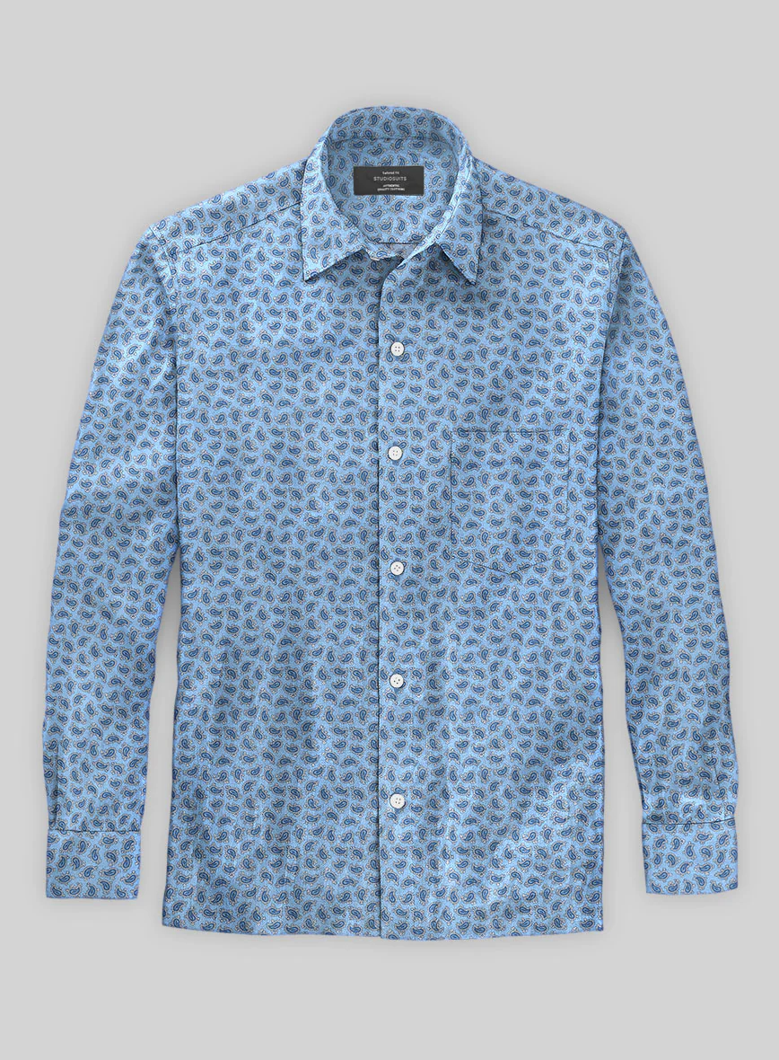 Italian Paisley Sky Blue Summer Linen Shirt - Image 2