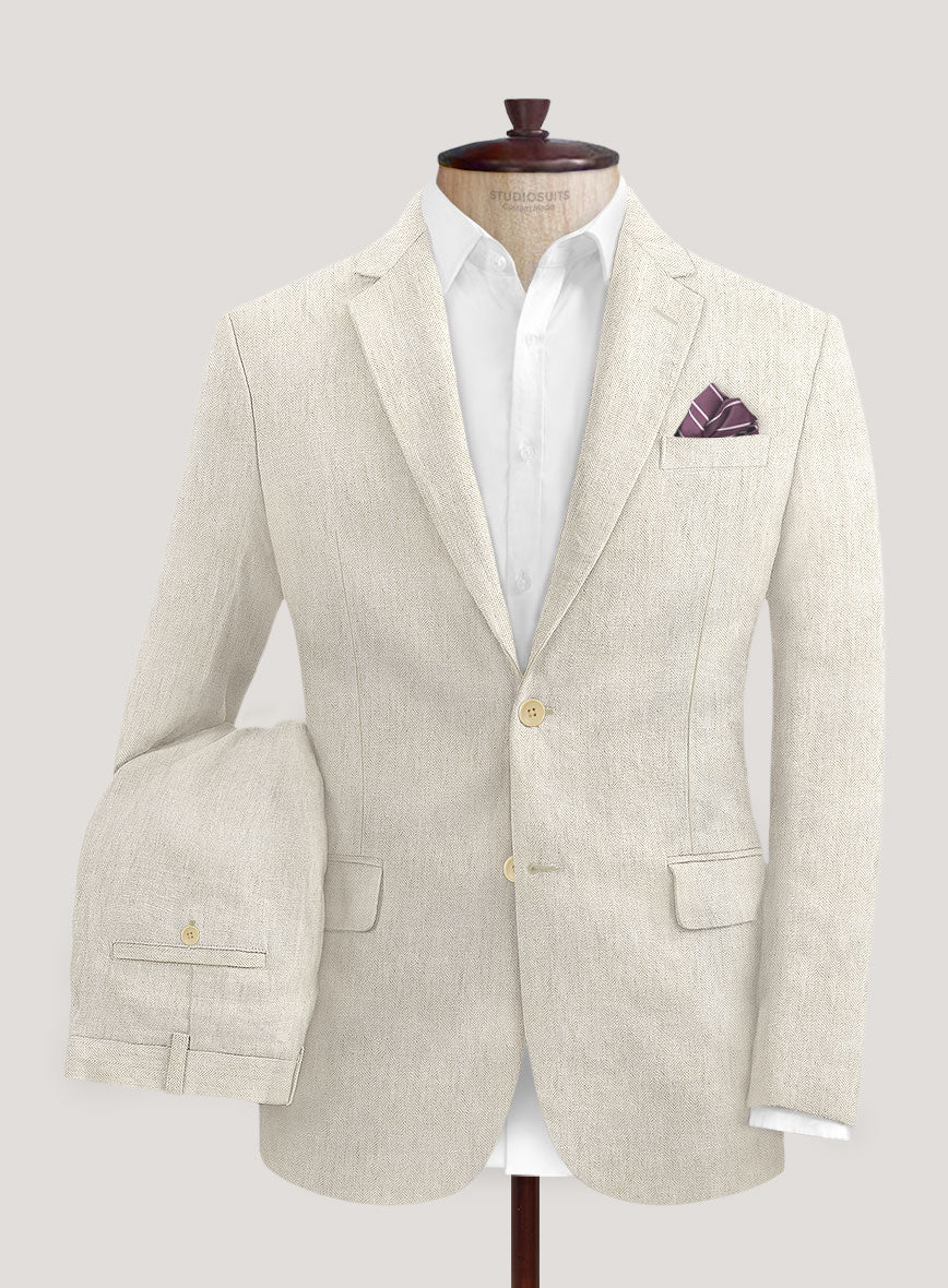 Italian Prato Beige Herringbone Linen Suit - Image 2
